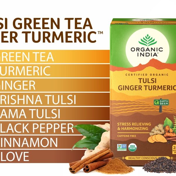 Organic India Tulsi Ginger Turmeric – 25 Tea Bags – Certified Organic Herbal Infusion for Immunity, Digestion & Wellness