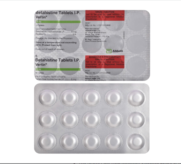 Vertin 8 mg Tablet | Betahistine Dihydrochloride for Vertigo & Dizziness